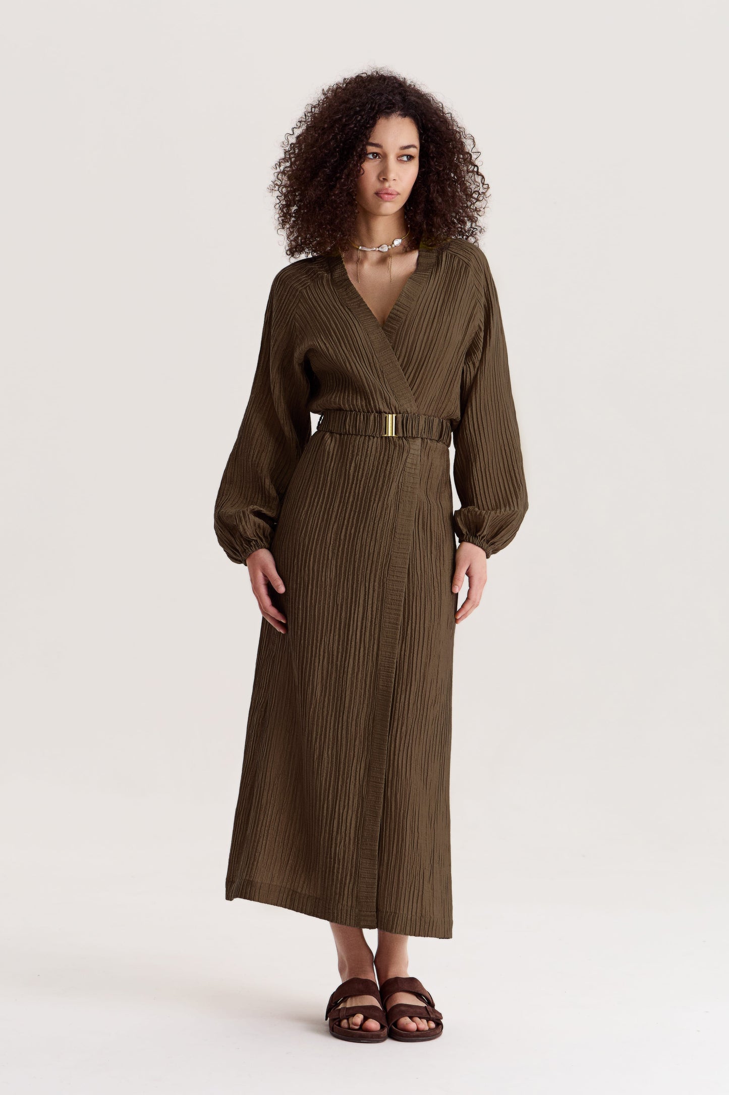 Evia Wrap Dress in Olive Umber