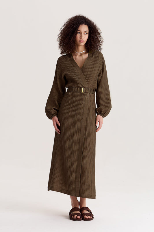 Evia Wrap Dress in Olive Umber